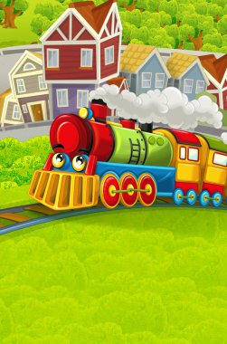 Şehir - illüstrasyon çocuklar için geçmekte komik görünümlü buharlı tren çizgi film