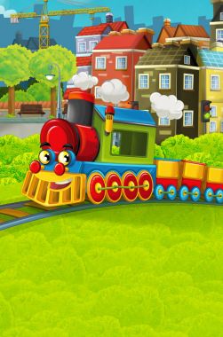 Şehir - illüstrasyon çocuklar için geçmekte komik görünümlü buharlı tren çizgi film