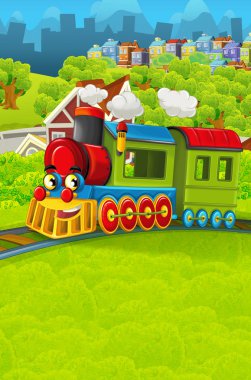 Şehir - illüstrasyon çocuklar için geçmekte komik görünümlü buharlı tren çizgi film