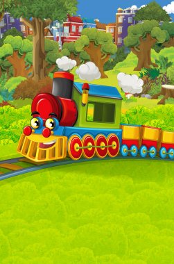 Şehir - illüstrasyon çocuklar için geçmekte komik görünümlü buharlı tren çizgi film