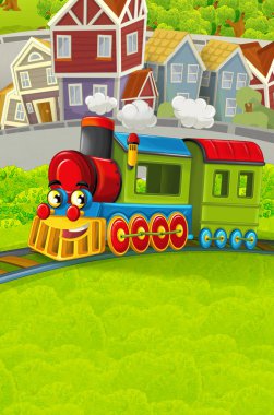 Şehir - illüstrasyon çocuklar için geçmekte komik görünümlü buharlı tren çizgi film