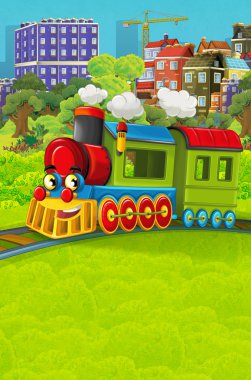 Şehir - illüstrasyon çocuklar için geçmekte komik görünümlü buharlı tren çizgi film
