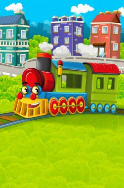 Şehir - illüstrasyon çocuklar için geçmekte komik görünümlü buharlı tren çizgi film