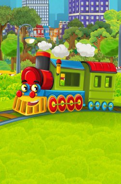 Şehir - illüstrasyon çocuklar için geçmekte komik görünümlü buharlı tren çizgi film