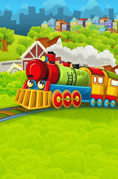 Cartoon Funny Looking Steam Train Going City Illustration Children — Stock Photo, Image