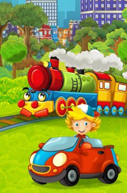 Komik görünümlü şehir ve çocuk önünde - illüstrasyon çocuklar için oyuncak araba sürüş geçmekte buharlı tren çizgi film