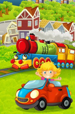 Komik görünümlü şehir ve çocuk önünde - illüstrasyon çocuklar için oyuncak araba sürüş geçmekte buharlı tren çizgi film