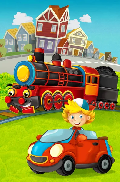 変な格好の都市とそれ 子供のための図の前におもちゃの車を運転して子供を通過蒸気鉄道の漫画 — ストック写真