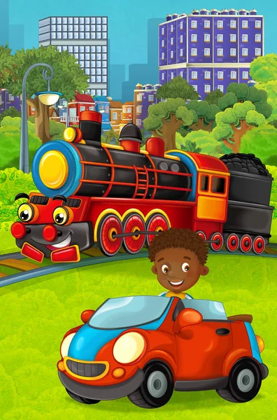 Cartoon funny looking steam train going through the city and kid driving in toy car in front of it - illustration for children