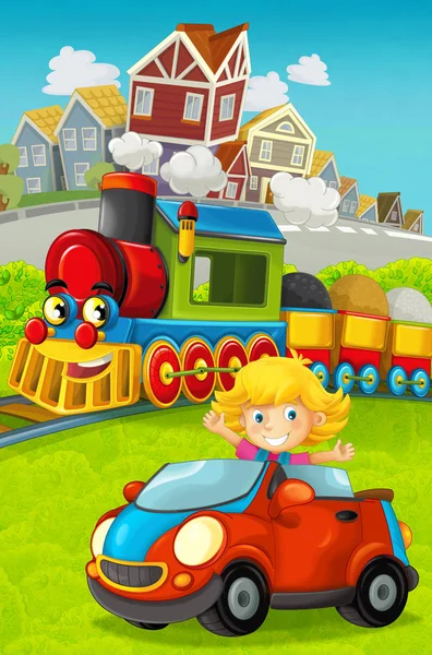 Cartoon funny looking steam train going through the city and kid driving in toy car in front of it - illustration for children