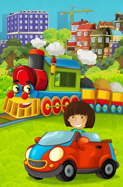 Kreskówka Wyglądający Zabawny Pociągu Parowego Przechodząc Przez Miasto Dziecko Jazdy — Zdjęcie stockowe