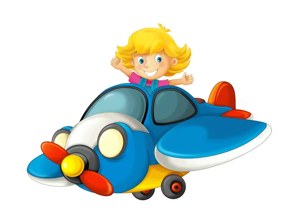 动画片快乐场面与孩子在玩具传统飞机与螺旋桨飞行例证为孩子 — 图库照片