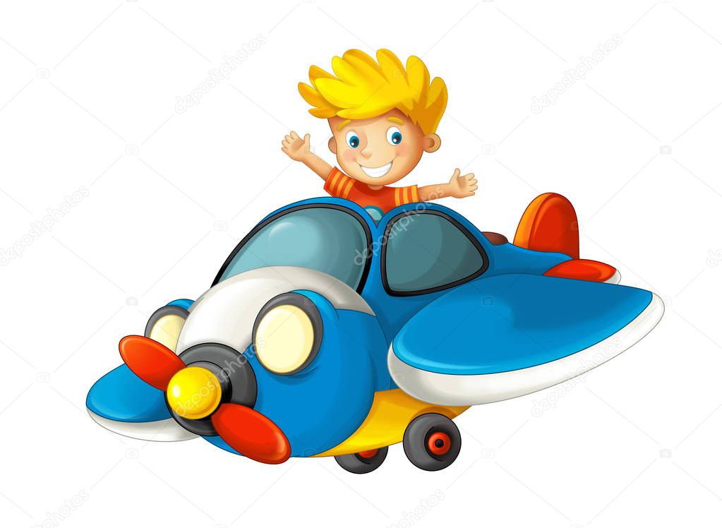 cartoon happy scene with kid in toy traditional plane with propeller flying - illustration for children