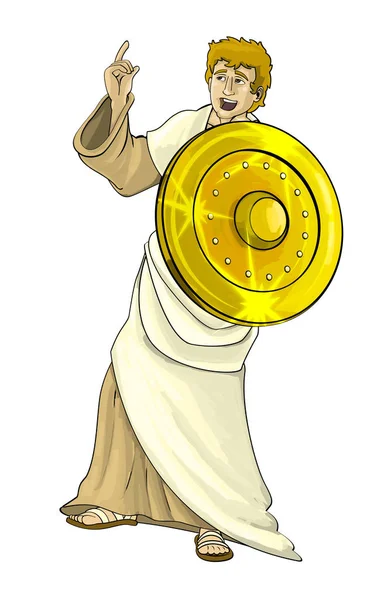 Γελοιογραφία Σκηνή Αρχαίων Πολεμιστών Χρυσή Ασπίδα Στέκεται Και Μιλάμε Άσπρο — Φωτογραφία Αρχείου