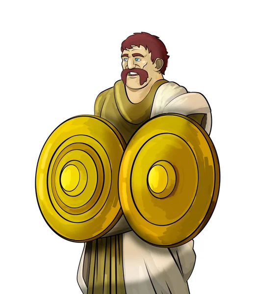 Γελοιογραφία Σκηνή Αρχαίο Πολεμιστή Χρυσές Ασπίδες Στέκεται Και Μιλάμε Άσπρο — Φωτογραφία Αρχείου