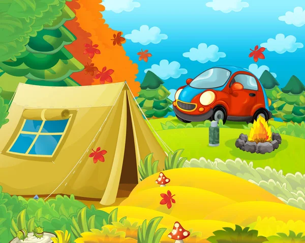 Cartoon scene of camping in the forest - illustration for children