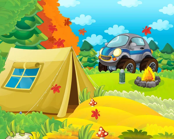 Cartoon scene of camping in the forest - illustration for children