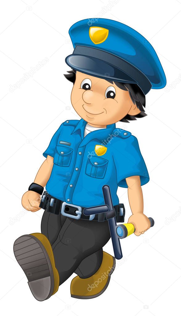 cartoon scene with happy policeman on duty talking to radio on white background - illustration for children