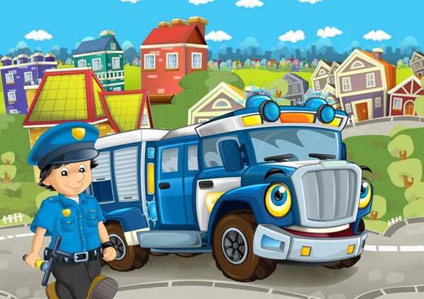 Sarjakuva Vaiheessa Kone Poliisin Poliisin Värikäs Iloinen Kohtaus Kuvitus Lapsille — kuvapankkivalokuva