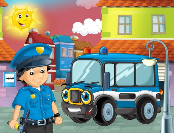 Cartoon Podium Met Machine Voor Politie Plicht Politieman Kleurrijke Vrolijke — Stockfoto