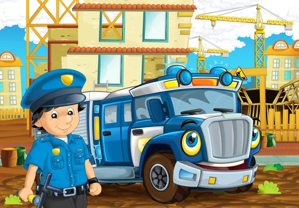Cartoon Podium Met Machine Voor Politie Plicht Politieman Kleurrijke Vrolijke — Stockfoto