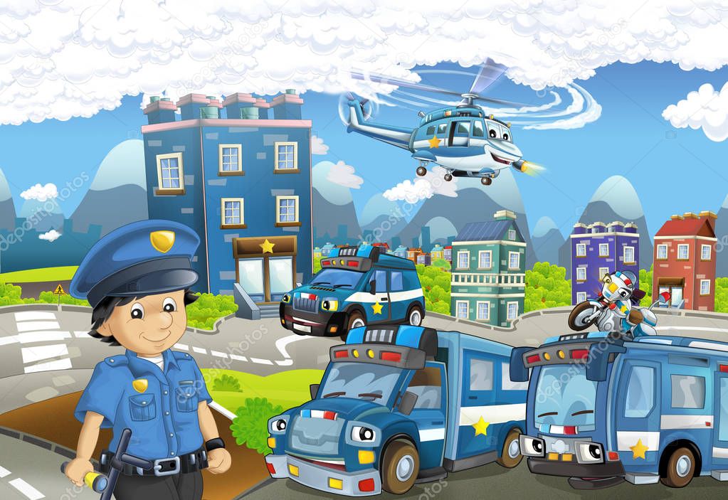 Cartoon stage with different machines for police duty and policeman - colorful and cheerful scene - illustration for children
