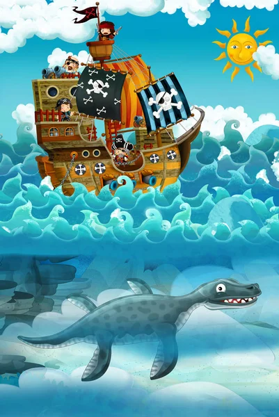 Piratas Mar Batalla Con Monstruo Bajo Agua Ilustración Para Los —  Fotos de Stock