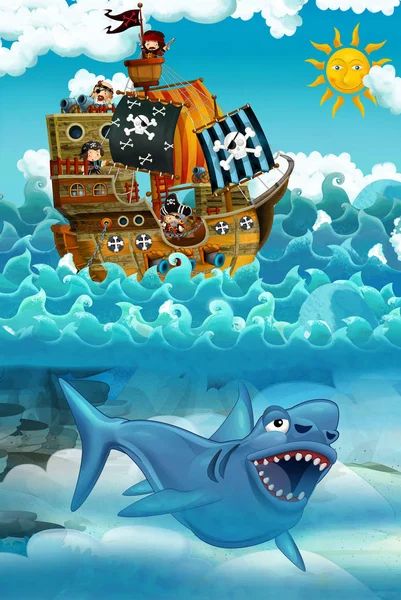 Piraten Auf Dem Meer Kampf Mit Monstern Unter Wasser Illustration — Stockfoto