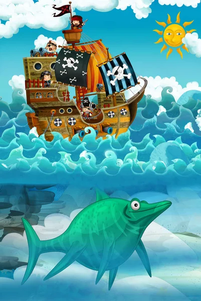 Pirates Sea Battle Monster Underwater Illustration Children — Stock Photo, Image