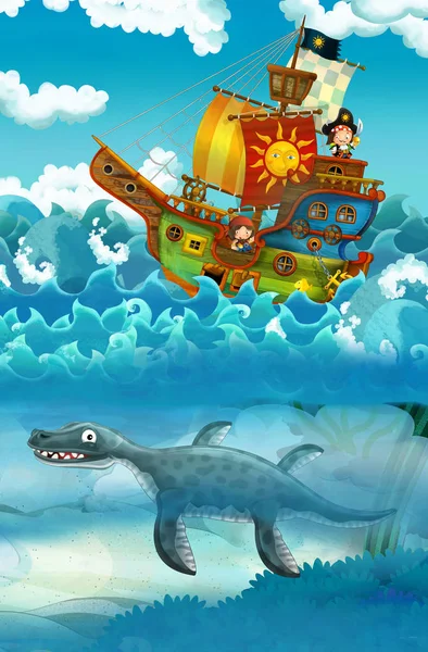 Piraten Zee Strijd Met Monster Onderwater Illustratie Voor Kinderen — Stockfoto