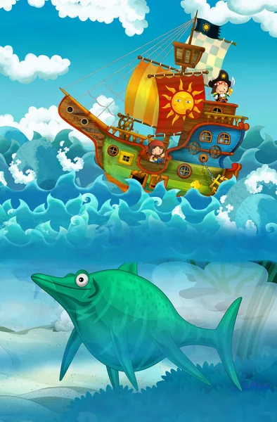 Pirati Sul Mare Battaglia Con Mostro Sott Acqua Illustrazione Bambini — Foto Stock