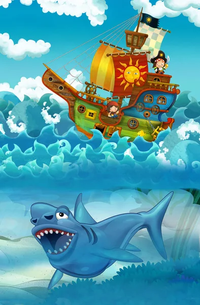 Pirates Sea Battle Monster Underwater Illustration Children — Stock Photo, Image