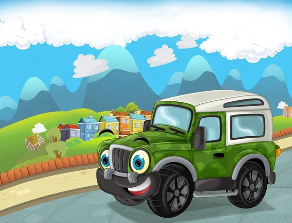 cartoon funny looking military off road truck driving through the city or parking near the garage - illustration for children