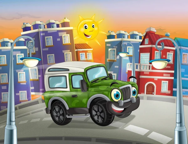 cartoon funny looking military off road truck driving through the city or parking near the garage - illustration for children