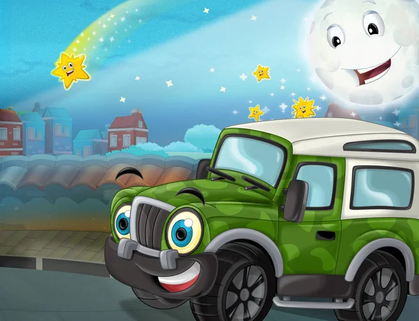 cartoon funny looking military off road truck driving through the city or parking near the garage - illustration for children