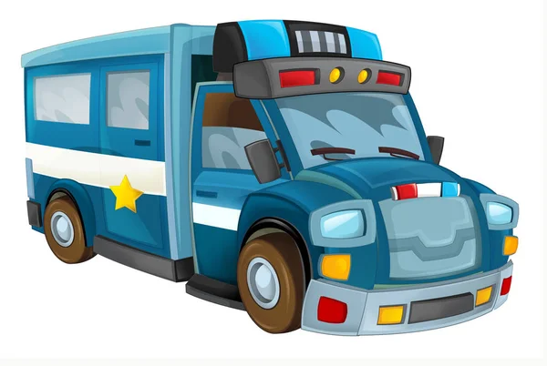 Cartoon Grappig Zoek Lading Politie Vrachtwagen Met Aanhanger Witte Achtergrond — Stockfoto