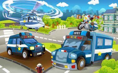 Polis görev - renkli ve neşeli sahne - illüstrasyon çocuklar için çizgi film sahne farklı makineleri ile