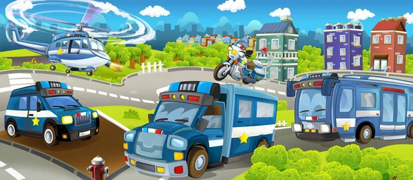 Cartoon Stage Different Machines Police Duty Colorful Cheerful Scene Illustration — Stock Photo, Image