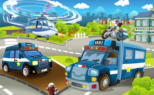 Cartoon Stage Different Machines Police Duty Colorful Cheerful Scene Illustration — Stock Photo, Image