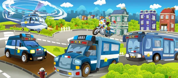 卡通阶段用不同的机器用于儿童的警察职责 多彩开朗场面 — 图库照片