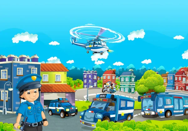 Cartoon stage with machine for police duty and policeman - colorful and cheerful scene - illustration for children