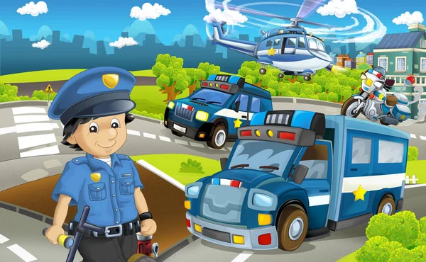 Cartoon stage with machine for police duty and policeman - colorful and cheerful scene - illustration for children