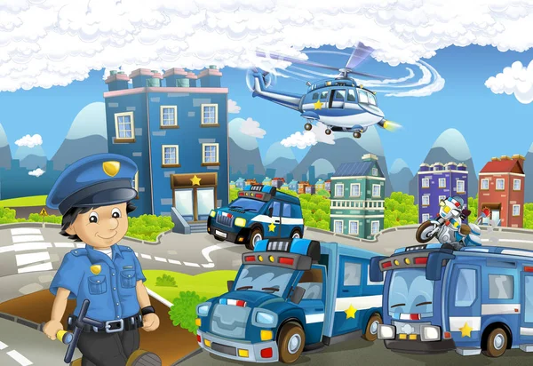 機警察警官の義務と カラフルで陽気なシーン イラスト子供のための漫画のステージ — ストック写真