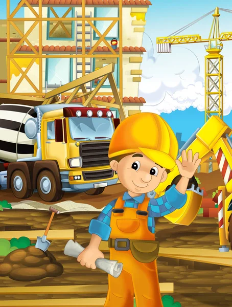 Cartoon Scene Worker Construction Site Builder Doing Different Things Illustration — Stock Photo, Image