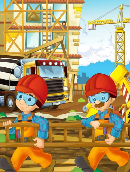cartoon scene with workers on construction site - builders doing different things - illustration for children