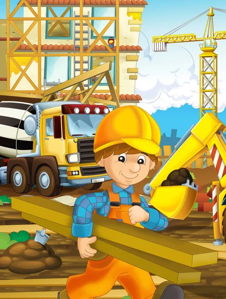 Cartoon Scene Worker Construction Site Builder Doing Different Things Illustration — Stock Photo, Image