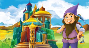 Çizgi film sahne bazı madenci ya da büyük ve renkli castle - çocuklar için illüstrasyon yakınındaki Cüce