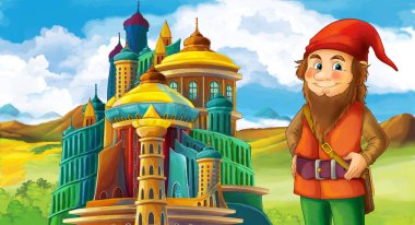 Çizgi film sahne bazı madenci ya da büyük ve renkli castle - çocuklar için illüstrasyon yakınındaki Cüce