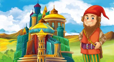 Çizgi film sahne bazı madenci ya da büyük ve renkli castle - çocuklar için illüstrasyon yakınındaki Cüce