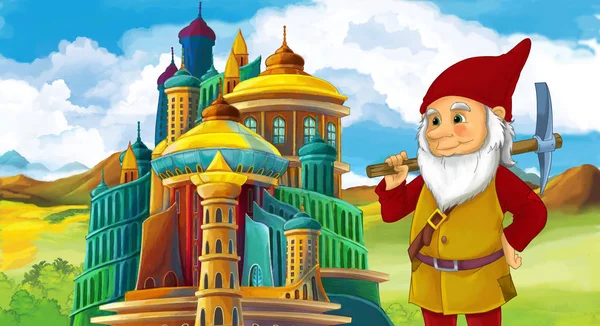 Cartoon Scene Some Miner Dwarf Big Colorful Castle Illustration Children — Stock Photo, Image